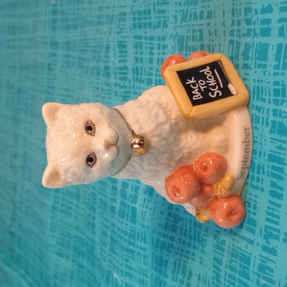 Lenox White Cat Figurine with Gold Bell and Apples